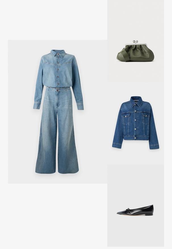 Blaue Jeansjacke mit kragenlosem Ausschnitt, zwei Brusttaschen, Knopfverschlüssen und cropped Design. Verfügt über kontrastierende Nähte und eine strukturierte Oberfläche.; Denimhemd und weit geschnittene Hose in einer hellblauen Kombination. Verfügt über einen Kragen, eine Knopfleiste, lange Ärmel und eine taillierte Silhouette mit Gürtel.; Schwarze Lackleder-Ballerina mit spitzem Zehenbereich, kleinem dekorativen Riemen und niedrigem Blockabsatz. Glatte Textur und elegantes Design.; Olivegrüne Leder-Clutch mit gerafftem Design, silbernem Metallrahmen und doppeltem Kugelverschluss. Verfügt über eine glatte Textur und einen breiten Riemen.
