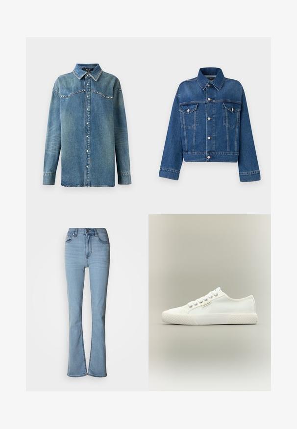 Blå denimjakke med krave, to brystlommer, knaplukninger og cropped design. Har kontrastsyninger og en tekstureret finish.; Blå denim skjorte med lange ærmer, trykknapper, spids krave og rhinsten-detaljer langs bærestykke og kravekanter.; Lyseblå denimjeans med høj talje, lige ben og en spaltesøm ved anklerne. Har fem lommer og knapgylp.; Hvid lavtopet lærreds-sneaker med tekstureret gummisål, hvide snørebånd og lille Calvin Klein-mærke på siden.