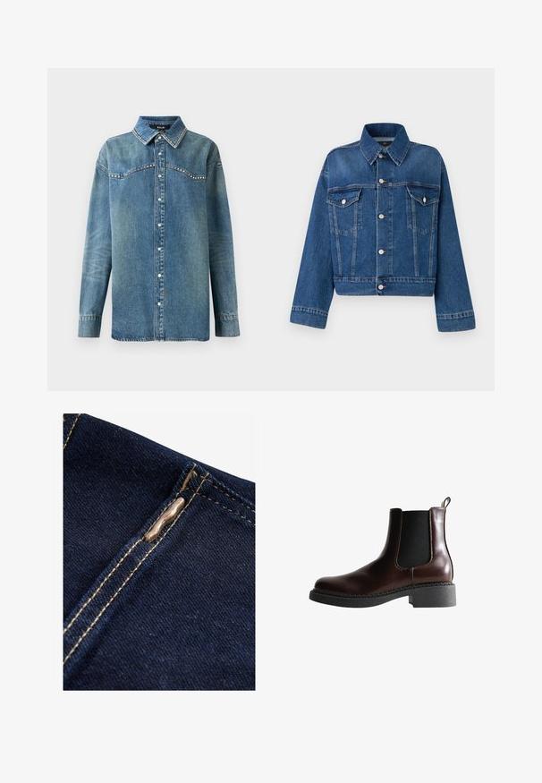 Blauwe spijkerjack met een kraag, twee borstzakken, knoopsluitingen en een cropped ontwerp. Voorzien van contrasterende stiksels en een gestructureerde afwerking.; Blauwe denim overhemd met lange mouwen, drukknoopsluiting, puntige kraag en strass-details langs de schouderpas en kraagranden.; Next REGULAR FIT - WIDE LEG - Flared Jeans - rinse blue; Bruine leren enkelboot met elastische zijpanelen, ronde neus en een gestructureerde zwarte rubberen zool. Heeft contrasterende stiksels en een lusje aan de achterkant.