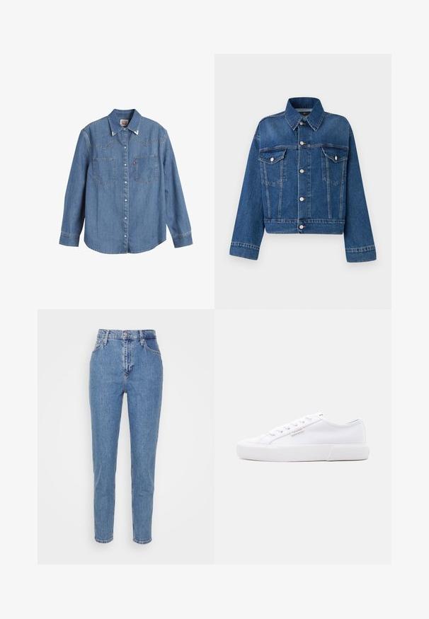 Blå denimjakke med krave, to brystlommer, knaplukninger og cropped design. Har kontrastsyninger og en tekstureret finish.; Lys blå denimskjorte med lange ærmer, spids krave, to brystlommer og kontraststing. Har et western-inspireret yoke-design.; Blå højtaljede lige jeans med frontknap og lynlås, bæltestropper og lommer, præsenteret på en ensfarvet hvid baggrund.; Hvid low-top sneaker med platformsål, snørebånd foran og lille Calvin Klein logo på siden.