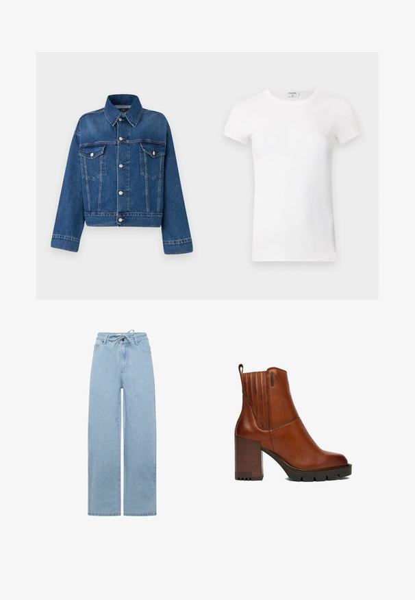 Blå denimjakke med krave, to brystlommer, knaplukninger og cropped design. Har kontrastsyninger og en tekstureret finish.; Hvid, stribet T-shirt med kortærmer og rund hals. Stoffet ser glat ud med en tætsiddende silhuet. Brandingmærke synligt ved kraven.; Lyseblå vidde jeans lavet af denim, med en snoretræk i taljen og et standard fem-lomme design. Stoffet har en glat tekstur.; Brun læderankelstøvle med chunky stablet hæl, rillede sorte såler, lodret syning og en træksnor bagpå.