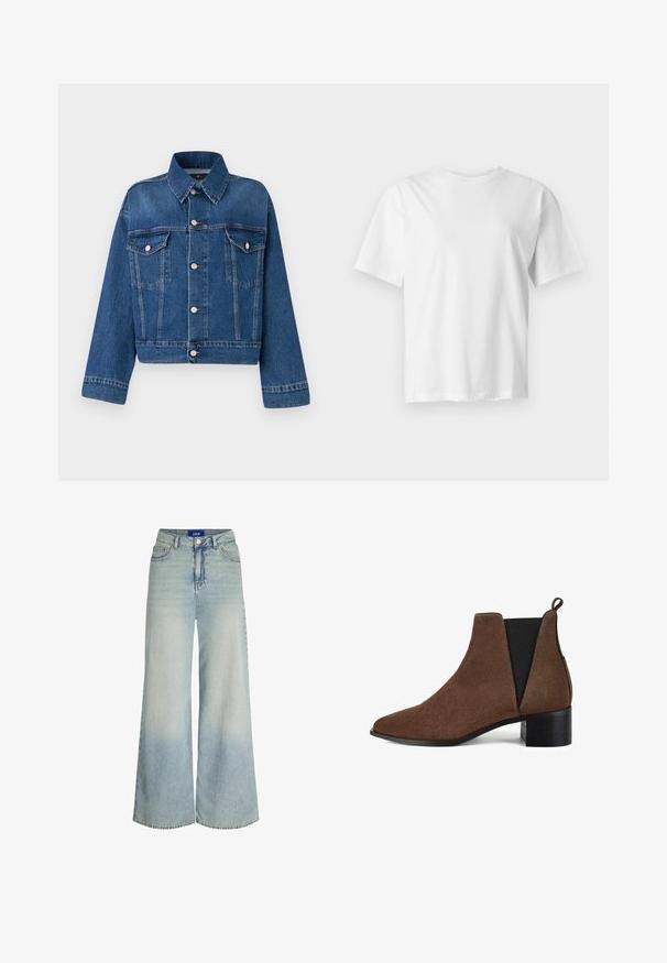 Blauwe spijkerjack met een kraag, twee borstzakken, knoopsluitingen en een cropped ontwerp. Voorzien van contrasterende stiksels en een gestructureerde afwerking.; Effen wit T-shirt met korte mouwen en ronde hals, plat weergegeven op een lichtgrijze achtergrond.; Wijduitlopende jeans van lichtblauwe denim, met een hoge taille, vijf zakken en subtiele vervaging in de stofstructuur.; Bruine suède enkellaars met een spitse neus, elastische zijpanelen en een lage zwarte blokhak. Zachte textuur met naadloze stiksels.