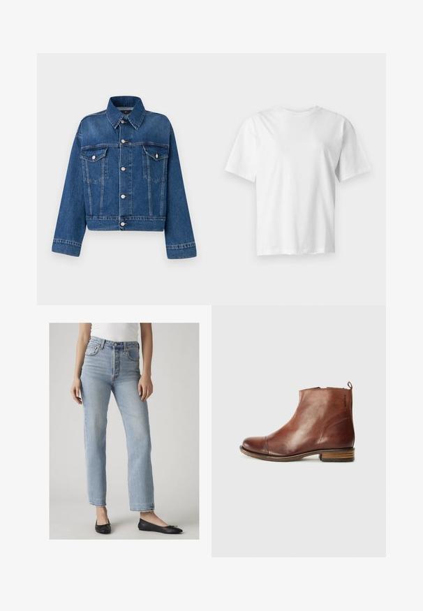Blå denimjakke med krave, to brystlommer, knaplukninger og cropped design. Har kontrastsyninger og en tekstureret finish.; Hvid kortærmet rundhalset t-shirt vist fladt på en lys grå baggrund.; Kvinde iført lyseblå jeans med høj talje og lige ben samt sorte balletsko, stående mod en ensfarvet lys baggrund.; Brune læder ankelstøvle med et elegant design, rund tå, lav stablet hæl og detaljer med side-syninger. Har en bageste trækflap for nem påtagning.