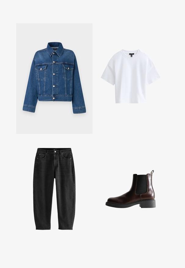 Blå denimjakke med krave, to brystlommer, knaplukninger og cropped design. Har kontrastsyninger og en tekstureret finish.; Simpel hvid kortærmet crop top med rund halsudskæring og sort mærke indeni kraven.; Sorte denim jeans med en afslappet pasform, der har et klassisk fem-lomme design, en knaplukning og subtile syningsdetaljer.; Brune læder ankelstøvle med elastiske sidepaneler, rund tå og en struktureret sort gummisål. Har kontrasterende syninger og en trækflap.