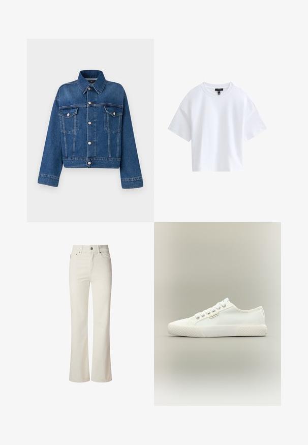 Blå denimjakke med krave, to brystlommer, knaplukninger og cropped design. Har kontrastsyninger og en tekstureret finish.; Simpel hvid kortærmet crop top med rund halsudskæring og sort mærke indeni kraven.; Hvide flagrende jeans lavet af denim. Har en høj talje, fem lommer og metallisk knaplukning. Glat tekstur uden synlige mønstre.; Hvid lavtopet lærreds-sneaker med tekstureret gummisål, hvide snørebånd og lille Calvin Klein-mærke på siden.