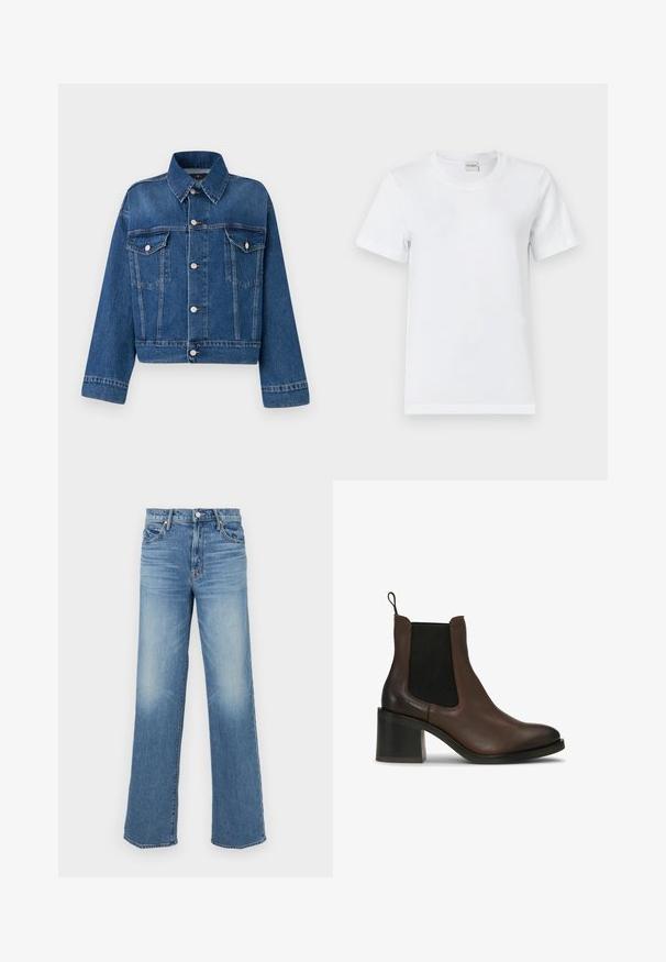 Blå denimjakke med krave, to brystlommer, knaplukninger og cropped design. Har kontrastsyninger og en tekstureret finish.; Hvid bomulds T-shirt med rund halsudskæring, korte ærmer, lige kant og en glat tekstur. Ingen mønstre eller yderligere hardware.; Mother MID RISE TUNNEL VISION SNEAK SUPERIOR - Jeans Relaxed Fit - blue denim; Brune læderankelstøvler med elastiske sidepaneler, en blokhæl, glat tekstur og en trække-flap for nem påtagning.
