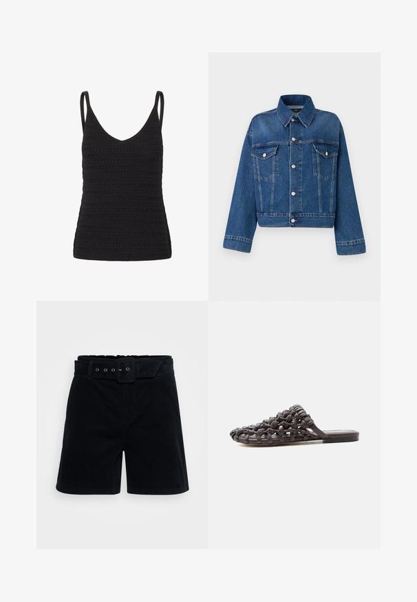 Blauwe spijkerjack met een kraag, twee borstzakken, knoopsluitingen en een cropped ontwerp. Voorzien van contrasterende stiksels en een gestructureerde afwerking.; Zwart gehaakt tanktop met een V-hals, dunne bandjes en een getextureerd patroon met gelijkmatige rijen. Geschikt voor lagen of casual draag.; ONLY Tall ONLNESSA BELT - Shorts - black; Platte zwarte slidesandaal met bovenwerk van geweven leer en open teenontwerp, liggend op een witte ondergrond.