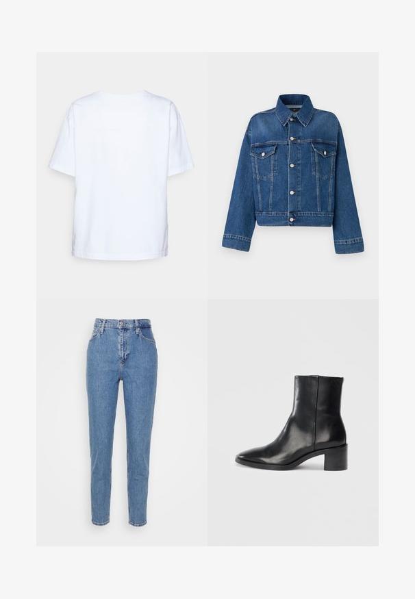 Chaqueta de mezclilla azul con cuello, dos bolsillos en el pecho, cerraduras de botón y un diseño recortado. Presenta costuras en contraste y un acabado texturizado.; Camiseta de algodón blanca de manga corta vista desde atrás sobre un fondo gris claro.; Jeans de tiro alto rectos de color azul con botón frontal y cremallera, trabillas para cinturón y bolsillos, exhibidos sobre un fondo blanco liso.; Botín de cuero negro hasta el tobillo con punta afilada, tacón bajo y bloque, y sutil logotipo embosado. Textura suave con un diseño elegante y costuras mínimas.