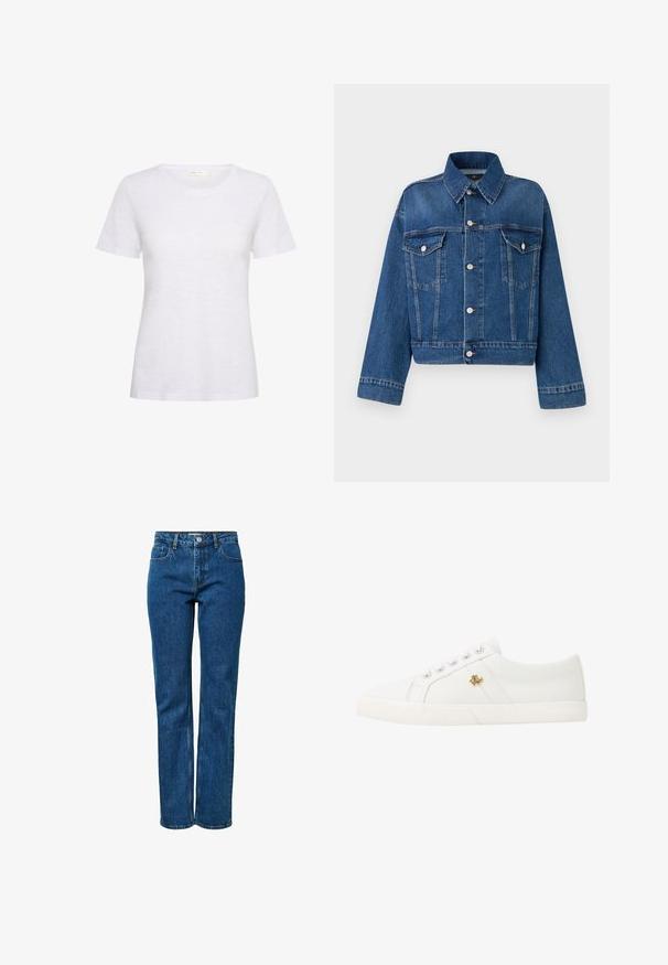 Blå denimjakke med krave, to brystlommer, knaplukninger og cropped design. Har kontrastsyninger og en tekstureret finish.; Hvid kortærmet t-shirt lavet af blødt, letvægtsstof. Har en rund halsudskæring og en glat tekstur med en let glans.; Blå jeans med lige ben, fem lommer, knap- og lynlåslukning samt bæltestropper. Jeansene vises opretstående på en ensfarvet hvid baggrund.; Lauren Ralph Lauren JANSON II CANVAS SNEAKER - Sneakers - optic white