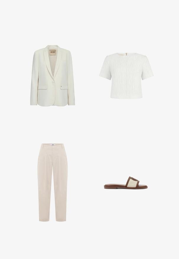 Hvid skræddersyet blazer med klapkrave, enkelt knaplukning, to forlommer og diskret piping-detalje på kanterne. Glat stoftekstur.; Hvid kortærmet tekstureret bluse med rund halsudskæring og guldlukning med lynlås bagpå, vist mod en ensfarvet hvid baggrund.; Beige skræddersyede bukser med høj talje, plisseret front og tapered ben. Lavet af letvægtsstof med en glat tekstur.; Brune læderslidesandal med en beige vævet overdel, flad sål og rund tå. Designet inkluderer en logoakcent på remmen.