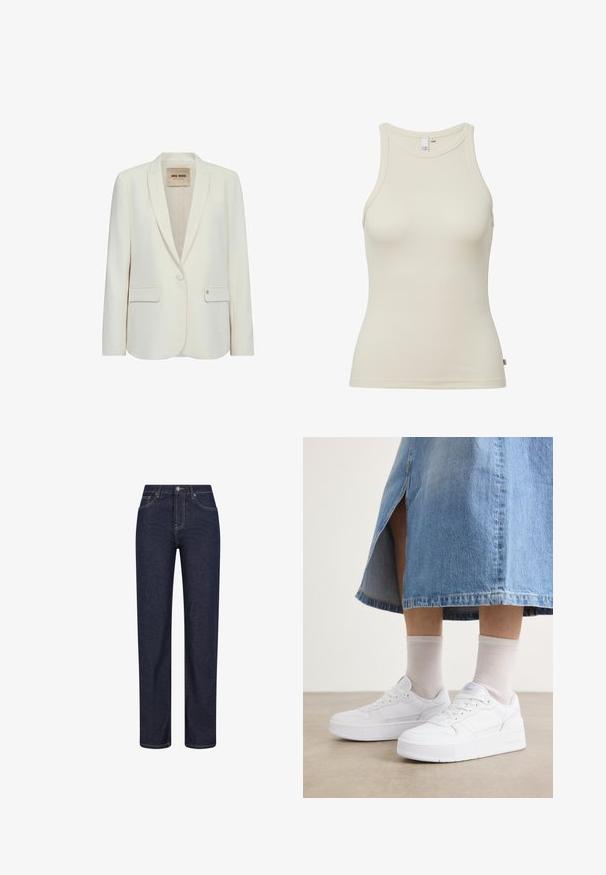 Witte op maat gemaakte blazer met notch-lapels, enkele knoopsluiting, twee voorzakken en subtiele pipingdetails op de randen. Glad stoftextuur.; Ribbelige, mouwloze tanktop in lichtbeige. Beschikt over een ronde halslijn en een getailleerde silhoett met een label aan de onderzijde. Zachte textuur.; Donkerblauwe jeans met rechte pijpen, voorzakken, riemlussen en een knoopsluiting in de taille.; Witte sneakers van textiel leer, met een platformzool, ronde neus en vetersluiting; gecombineerd met lichtgrijze crew-sokken en een spijkerrok.