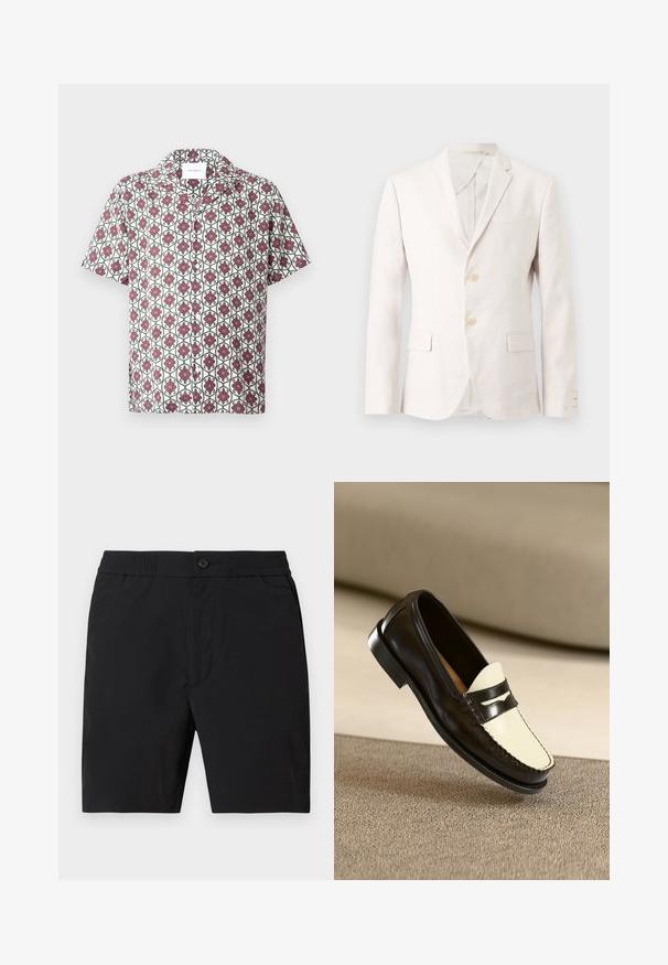 Mand off-white enkeltbrettet blazer med to knapper, hakkede revers, tre klaffelommer og lange ærmer, vist på ensfarvet baggrund.; Kortærmet skjorte i let stof med en hvid bund og et gentaget blomstermønster i rødt og grønt. Indeholder krave og knapper.; Mørke midtlange shorts til mænd med elastisk taljebånd, knaplukning og sidelommer, vist mod en ensfarvet baggrund.; Sort læderloafer med en cremefarvet vamp og sorte accentstriber, som har en lav hæl og detaljeret syning langs kanterne.