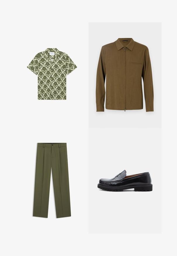 Bruine lange mouwen shirt met een ritssluiting aan de voorkant, puntige kraag, één pocket en een soepele textuur. Eenvoudig ontwerp zonder patronen of accenten.; Korte mouwen overhemd met een groen bloemenpatroon op een licht beige achtergrond. Heeft een kraag en een label met de tekst "Les Deux".; Olijfgroene broek met rechte pijpen, riemlussen, een voorste knoop en ritssluiting, plat liggend op een witte achtergrond.; Zwarte leren penny loafer met chunky rubberen zool en moc-toe stiksel, in profiel weergegeven op een witte achtergrond.
