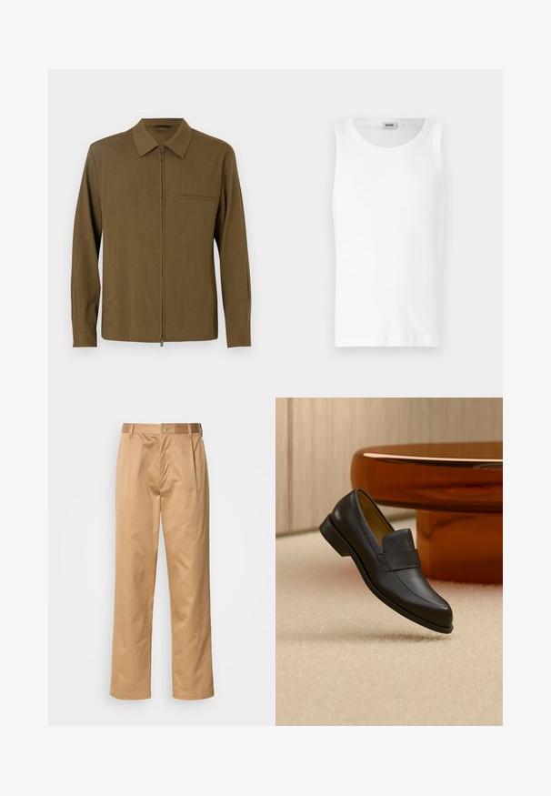 Camisa marrón de manga larga con cremallera frontal, cuello punta, bolsillo único y una textura suave. Diseño liso sin patrones ni acentos.; Camiseta sin mangas de algodón blanco con cuello redondo y una textura suave. Diseño sencillo, sin patrones ni acentos.; Pantalones caqui, mezcla de algodón, diseño de pierna recta, con pliegues delanteros, trabillas para cinturón y cierre de botón. Textura suave sin patrones.; Zapato mocasín de cuero negro con tacón bajo flotando sobre suelo alfombrado beige cerca de una mesa redonda marrón.