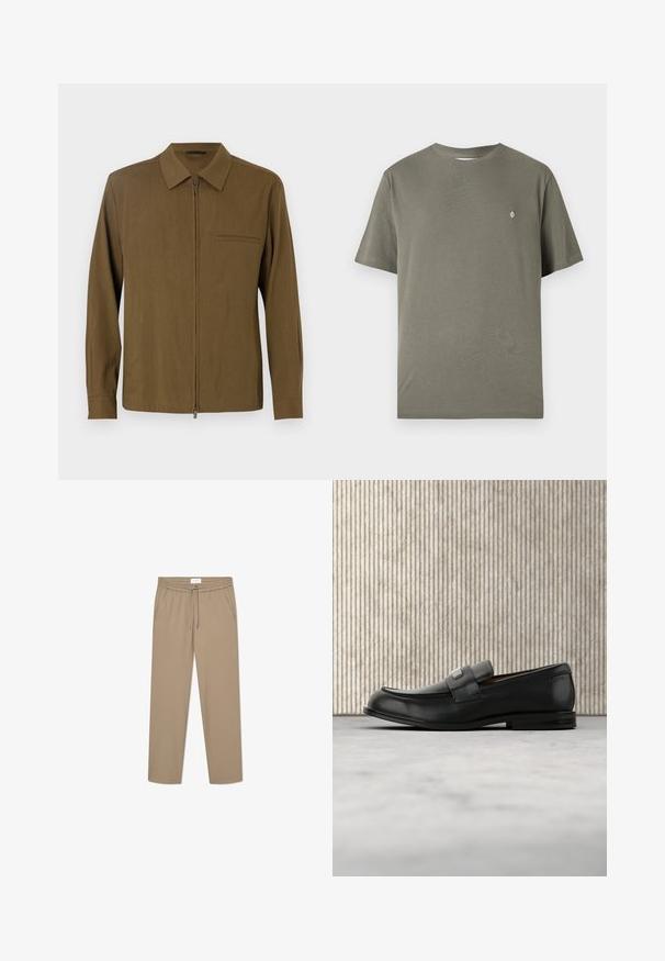 Brun skjorte med lange ærmer, lynlås foran, spidse krave, enkelt lomme og en glat tekstur. Ensfarvet design uden mønstre eller detaljer.; Oliven grøn bomulds t-shirt med rund hals, korte ærmer og et lille hvidt logo på brystet. Enkel, udekoreret design.; Beige strækbukser med elastisk talje og snørelukning, der har to sidelommer og et lige ben-design. Glat tekstur.; Sort læderloafer med metalbrandskilt hvilende nær et brunt rundt bord på beige tæppe.