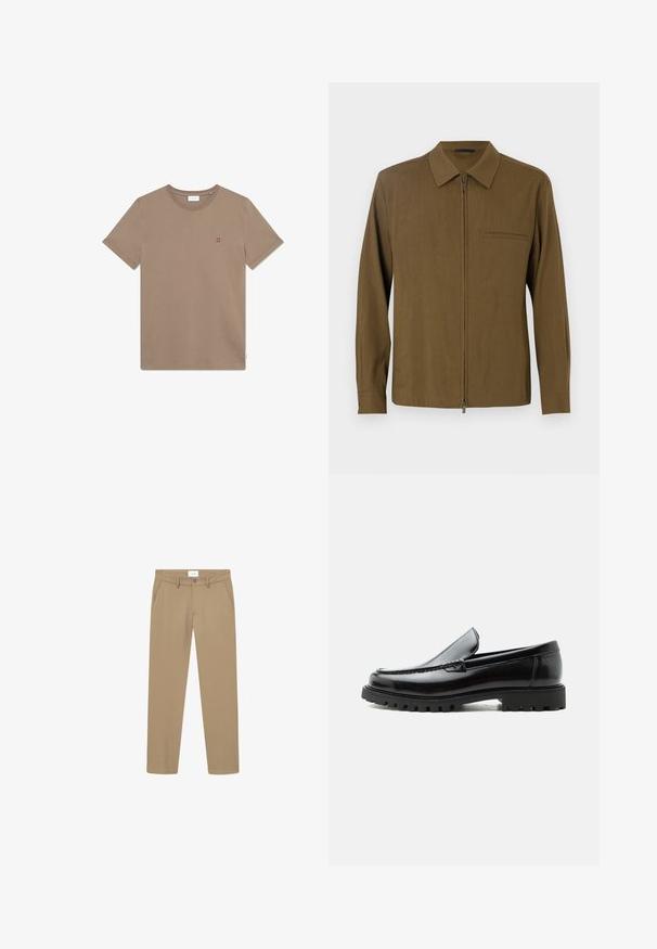 Camisa marrón de manga larga con cremallera frontal, cuello punta, bolsillo único y una textura suave. Diseño liso sin patrones ni acentos.; Camiseta de algodón marrón con cuello redondo, mangas cortas y un pequeño logo rojo "II" en el pecho. Diseño simple y textura suave.; Pantalones beige con una textura suave, diseño de pierna recta, bolsillos delanteros y cierre con botón. Etiqueta visible en la cintura.; Mocasín de cuero negro con suela de goma gruesa, empeine cosido y nombre de la marca en relieve en el talón, mostrado en perfil lateral sobre fondo blanco.