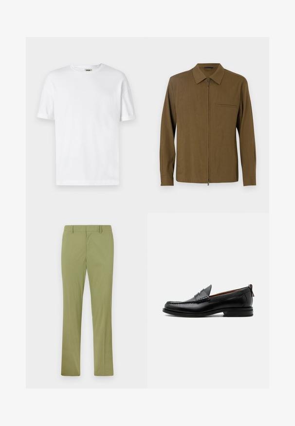 Camisa marrón de manga larga con cremallera frontal, cuello punta, bolsillo único y una textura suave. Diseño liso sin patrones ni acentos.; Camiseta de algodón blanca con cuello redondo, mangas cortas y puños enrollados; diseño sin adornos, textura suave y corte recto.; Pantalones ajustados de color verde oliva con trabillas para cinturón, cremallera frontal y perneras rectas, extendidos sobre un fondo claro.; Mocasín de hombre de piel negra con costura moc toe, tira penny, cuello texturizado y tacón bajo apilado sobre fondo blanco.
