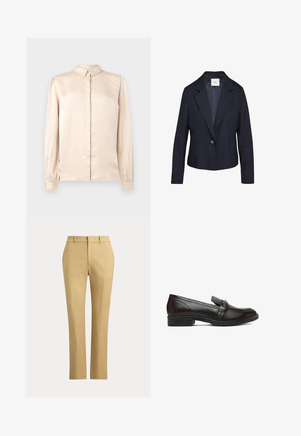 Marineblazer met een stippenprint, enkele knopen sluiting en geknipte revers. Bevat twee voorkiezen en een gladde binnenvoering.; Beige satijnen overhemd met lange mouwen, met een button-down kraag, een voorplat en gathering in de mouwen bij de manchetten. Glad, glanzend textuur.; Beige rechte broek met riemlussen, een rits aan de voorkant en op maat gemaakte plooien op een effen lichte achtergrond.; Zwarte leren loafer met een lage gestapelde hak en metalen detail aan de voorkant, zijaanzicht op een witte achtergrond.