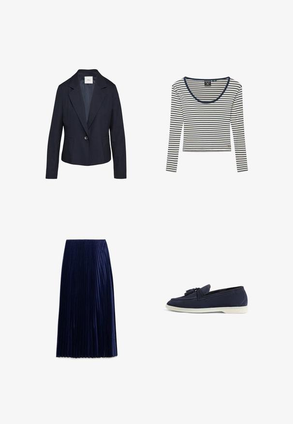 Marineblazer met een stippenprint, enkele knopen sluiting en geknipte revers. Bevat twee voorkiezen en een gladde binnenvoering.; Witte lange mouwen shirt met smalle marineblauwe horizontale strepen en marineblauwe rand rond de ronde hals, met klein gouden logo bij de zoom.; Navy geplooide midi-jurk gemaakt van lichte stof met een zachte textuur, voorzien van gelijkmatig verdeelde verticale plooien en een elastische tailleband.; Marineblauwe suède instappers met een ronde neus, decoratieve franje en een contrasterende witte rubberen zool. Gladde textuur en minimalistisch ontwerp.