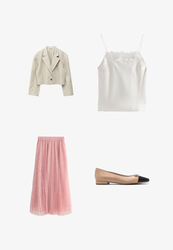 Beige cropped blazer met lange mouwen, eenknopsluiting, notched revers en een borstzakdetail.; Witte satijnen top met dunne bandjes en bloemenkant langs de vierkante halslijn.; Roze geplooide midi-rok met een kanten onderlaag en een geplooide tailleband, getoond op een witte achtergrond.; Beige leren balletschoen met een zwarte neus en een klein strikje aan de voorkant, voorzien van een lage blokhak voor extra steun.
