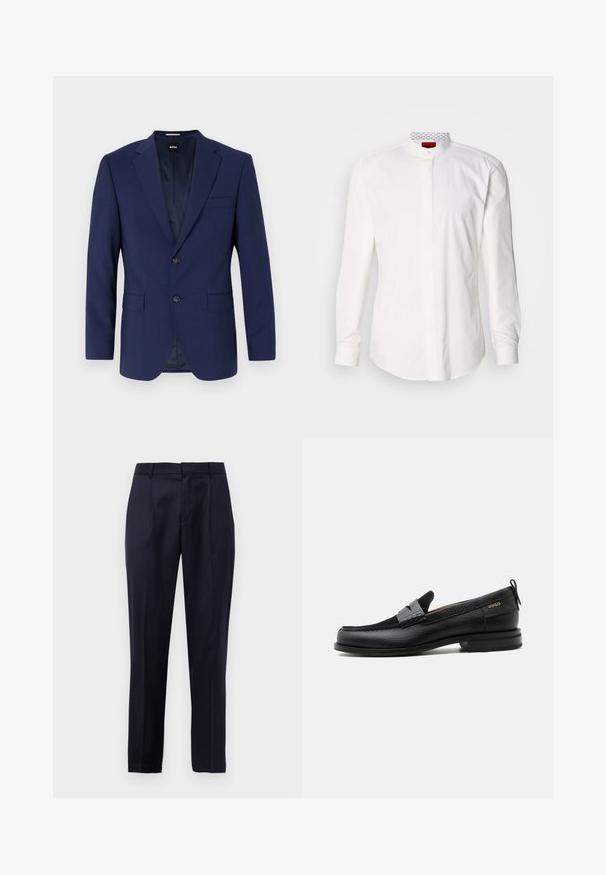 Marineblauwe blazer met gestructureerde schouders, een enkelvoudig ontwerp, twee voorzakken, een enkele knoopsluiting, een gladde stof en een subtiel interieurpatroon.; Wit overhemd met lange mouwen en een hoge kraag, gemaakt van katoen. Voorzien van een knoopsluiting aan de voorkant, minimalistisch design en subtiele branding aan de binnenkant van de kraag.; Marineblauwe op maat gemaakte broek met plooien aan de voorkant, riemlussen en een taps toelopend ontwerp op een witte achtergrond.; Zwarte leren loafer met grijs riemdetailelement, lage hak en gestructureerde zool, aan de zijkant gebrandmerkt met "HUGO" in goud.