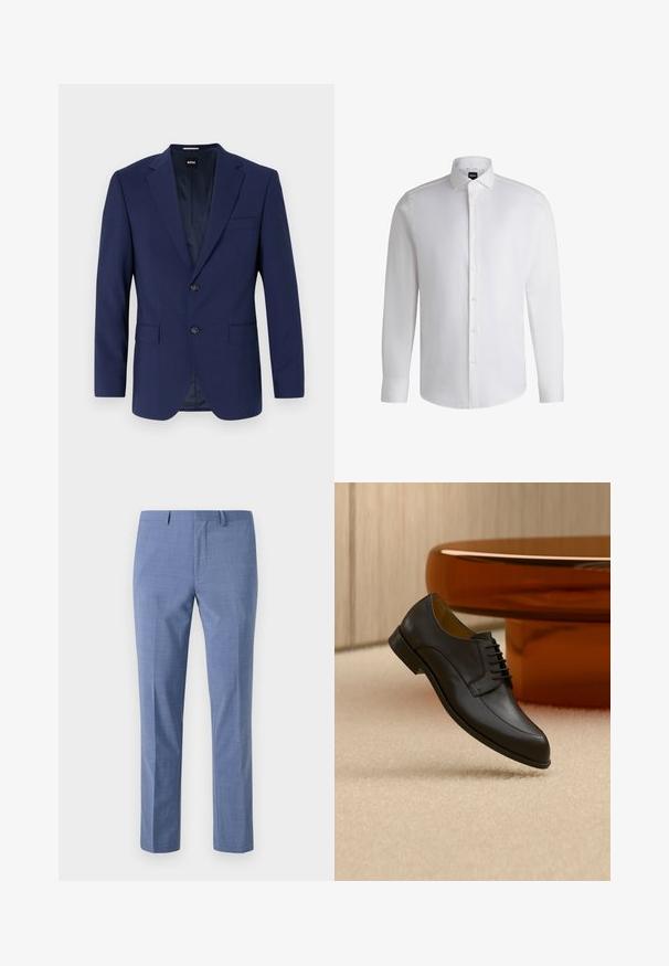 Marineblå blazer med strukturerede skuldre, enkeltrækkende design, to frontlommer, enkeltknaplukning, glat stof og diskret indvendigt mønster.; Hvid langærmet skjorte lavet af glat bomuld, med klassisk krave, fuld knaplukning og knapmanchetter. Minimalistisk design.; Lysblå dressbukser i skræddersyet pasform, struktureret stof, flad front, skrå sidelommer og en glat talje med bæltesløjfer.; Sort læder snøresko, der svæver over beige tæppe med et rundt orange bord i baggrunden.
