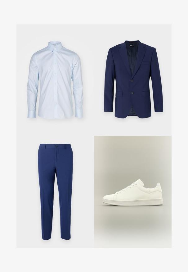 Marineblauwe blazer met gestructureerde schouders, een enkelvoudig ontwerp, twee voorzakken, een enkele knoopsluiting, een gladde stof en een subtiel interieurpatroon.; Lichtblauwe overhemd met lange mouwen, voorzien van een klassieke kraag, knoopsluiting en contrasterende knopen; gemaakt van gladde stof met een frisse afwerking.; Marineblauwe broek van soepel stof; slim fit ontwerp met rechte pijpen, enkele knoopsluiting en zijzakken.; Minimalistische witte laag uitgesneden sneaker met veters, gladleren bovenwerk en een gestructureerde rubberen zool, weergegeven op een neutrale achtergrond.