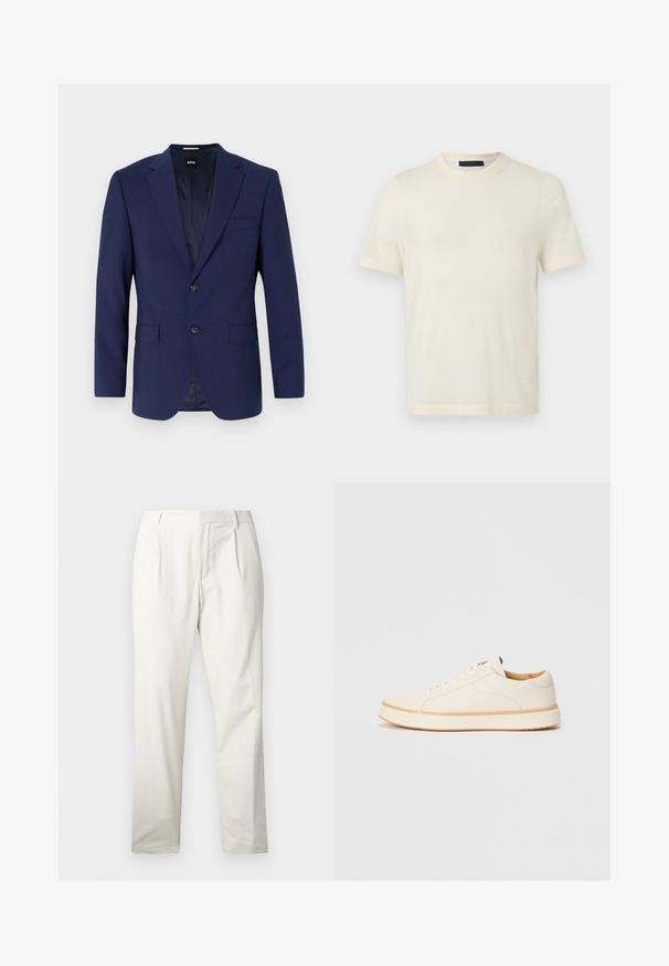 Blazer bleu marine avec des épaules structurées, design à boutonnage simple, deux poches avant, fermeture à un bouton, tissu lisse et motif intérieur subtil.; T-shirt à manches courtes couleur crème, col rond, design uni, présenté sur un fond gris clair plat.; Pantalons en coton blanc à jambe droite, dotés de plis sur le devant, d'une texture lisse et d'une conception de taille classique.; Baskets en cuir blanc avec un bout rond, design simple à lacets, semelle intérieure rembourrée et semelle en caoutchouc beige contrastante. Texture lisse sur l'ensemble.
