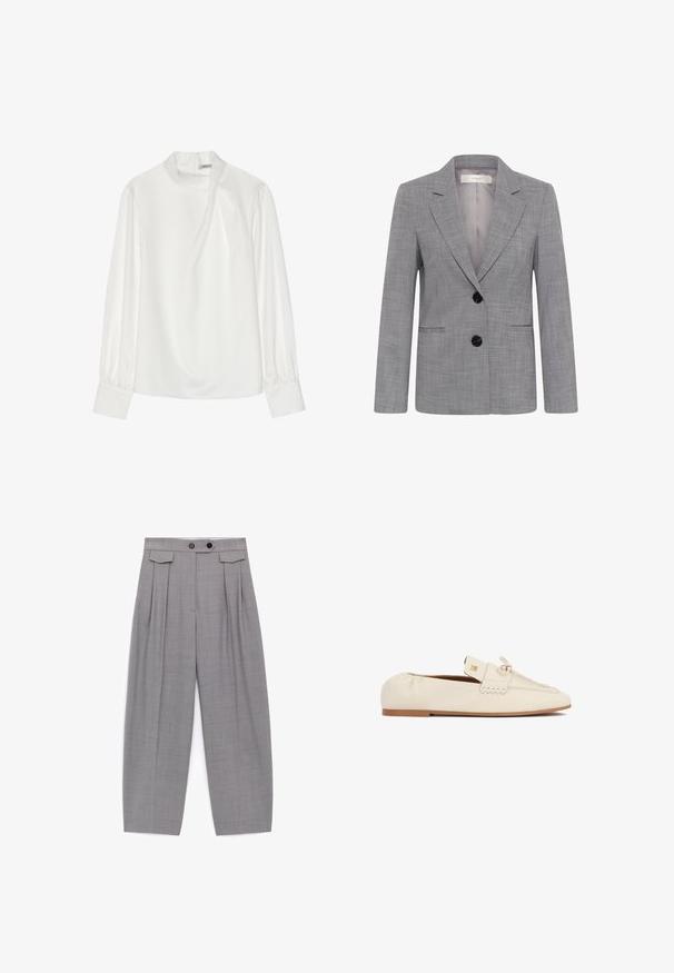 Grijze damesblazer met subtiel ruitpatroon, twee zwarte knopen, ingesneden revers en steekzakken aan de voorkant, getoond op een witte achtergrond.; Witte blouse met een hoge halslijn, lange pofmouwen en een ritssluiting aan de achterkant. Glad stof met een lichte glans en subtiele val.; Grijze losse broek met hoge taille en plooien, twee zwarte knopen op de tailleband en klepdetails bij de heupen.; Crèmekleurige platte leren loafer met ronde neus, decoratieve strik, gouden logodetail, elastische hiel en gestikte accenten op witte achtergrond.