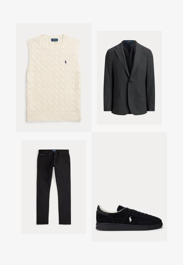 Mørkegrå blazer med en struktureret finish, enkeltretningsdesign, hakkede revers og to forlommer. Foret inderside. Lukning med knapper.; Kremfarvet kabelstrikket ærmeløs sweatervest med ribkanter og lille mørkeblå Polo Ralph Lauren-logo på venstre bryst.; Sorte denimjeans med slim pasform, der har fem lommer, bæltestropper og et blåt mærke på linningen. Glat, holdbart stof.; Sort lav sneaker med sorte snørebånd, hvidt inderfoer og hvid Polo Ralph Lauren-logo på siden og hælen.