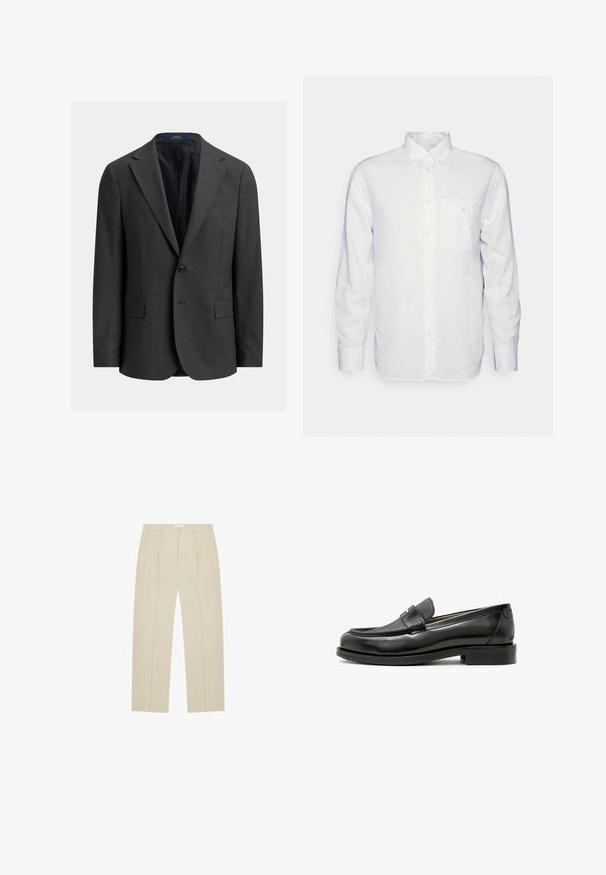 Mørkegrå blazer med en struktureret finish, enkeltretningsdesign, hakkede revers og to forlommer. Foret inderside. Lukning med knapper.; Langærmet hvid skjorte lavet af bomuld, med en knap-down krave, brystlomme og almindelig pasform. Struktureret stof med en glat overflade.; Beige bukser med lige ben, forreste læg, sidelommer, bæltestropper og knaplukning i taljen.; Sort læder loafers med en struktureret sort læderdetalje, rund tå og en lav blokhæl; har en dekorativ metal detalje.