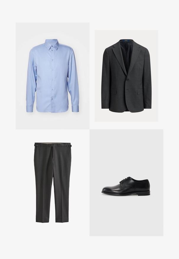 Blazer gris oscuro con acabado texturizado, diseño de un solo pecho, solapas con muesca y dos bolsillos delanteros. Forro interior. Cierre con botones.; Camisa de manga larga de color azul claro, fabricada en tejido suave, con cuello clásico, botonera y un corte entallado con puños abotonados.; Pantalones ajustados de color gris oscuro con una textura suave, cierre de botón, presillas para cinturón y bolsillos laterales. Diseño de frente plano con pliegues nítidos.; Zapato de vestir de cuero negro con punta redondeada, diseño con cordones, textura suave y suela de goma de perfil bajo. Detalles de costura mínimos.