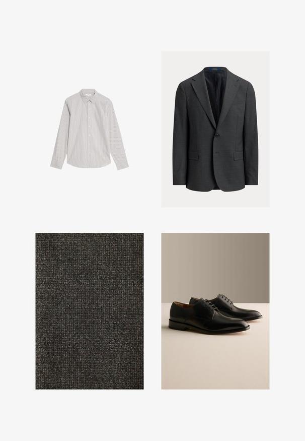 Mørkegrå blazer med en struktureret finish, enkeltretningsdesign, hakkede revers og to forlommer. Foret inderside. Lukning med knapper.; Marks & Spencer STRIPED OXFORD - Skjorter - natural mix; Mørkt tekstureret stof med et subtilt mønster, der har en blanding af grå og brune tråde, der skaber et vævet udseende. Glat at røre ved.; Par sorte læder formelle snøresko udstillet på en lys overflade med en ensfarvet beige baggrund.