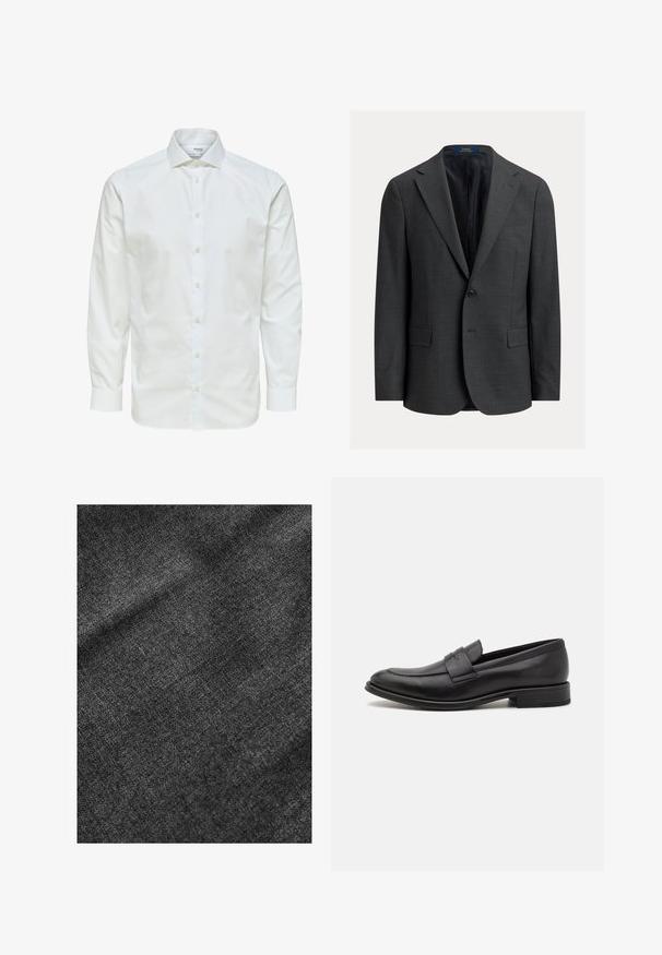 Mørkegrå blazer med en struktureret finish, enkeltretningsdesign, hakkede revers og to forlommer. Foret inderside. Lukning med knapper.; Hvid skjorte med lange ærmer med knaplukning foran og spids krave, vist mod en hvid baggrund.; Struktureret sort stof med en blød, let skinnende overflade, der viser et subtilt vævemønster og en glat fald.; Sort læderloafer med en glat finish, en dekorativ rem over vristen, rund tå og en lav stablet hæl.