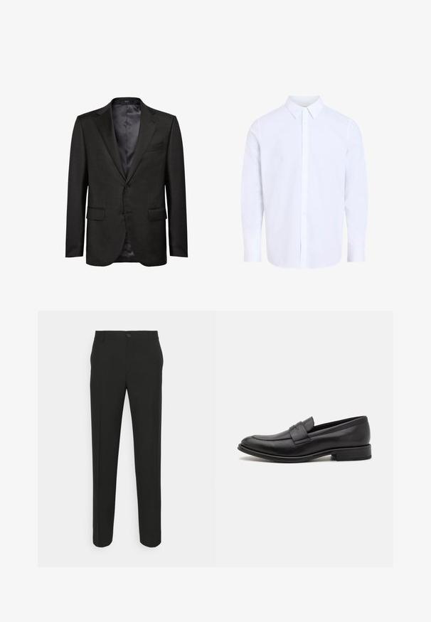 Schwarze Sakkajacke aus strukturiertem Stoff mit Revers, zwei frontalen Taschen und einem Ein-Knopf-Verschluss. Satin-Innenfutter.; Weißes Hemd mit langen Ärmeln und klassischem Kragen, aus glattem Stoff gefertigt, mit durchgehendem Knopfleistenverschluss und abgerundetem Saum.; Schwarze, maßgeschneiderte Hose mit geradem Schnitt, ausgestattet mit einem einzelnen Knopfverschluss und Gürtelschlaufen. Glattes, mattes Material ohne Muster.; Schwarze Lederloafer mit glatter Oberfläche, einem dekorativen Riemen über dem Obermaterial, runder Zehenpartie und einem niedrigen, gestapelten Absatz.