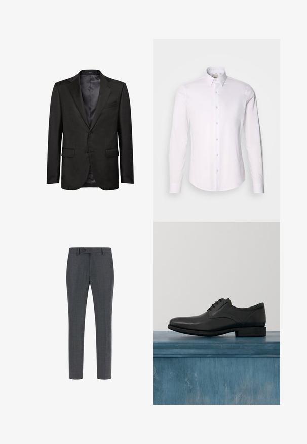 Veste de costume noire en tissu texturé avec un col cranté, deux poches avant et un bouton unique. Doublure intérieure en satin.; Chemise blanche à manches longues en tissu lisse avec un col boutonné, présentant un plastron entièrement boutonné et un ourlet arrondi.; Pantalons ajustés gris foncé en laine mélangée texturée, avec une taille plate, des poches latérales et une fermeture à bouton unique. Design slim fit.; Chaussure habillée en cuir noir avec une finition brillante, bout arrondi, conception à lacets, coutures contrastantes et un petit talon en caoutchouc.