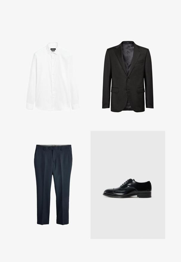 Sort jakkesætjakke lavet af tekstureret stof med klassisk revers, to frontlommer og en enkelt knaplukning. Satinforing indvendigt.; Hvid skjorte med button-down krave, lange ærmer og front knaplukning. Stoffet fremstår glat med en let glans.; Mørkegrå formelle herrebukser med knap og bæltestropper, forlommer og lige ben på hvid baggrund.; Sort læder dress sko med en poleret finish, afrundet tå, snøredesign og en lav stablet hæl, der har en subtil sømdetalje.