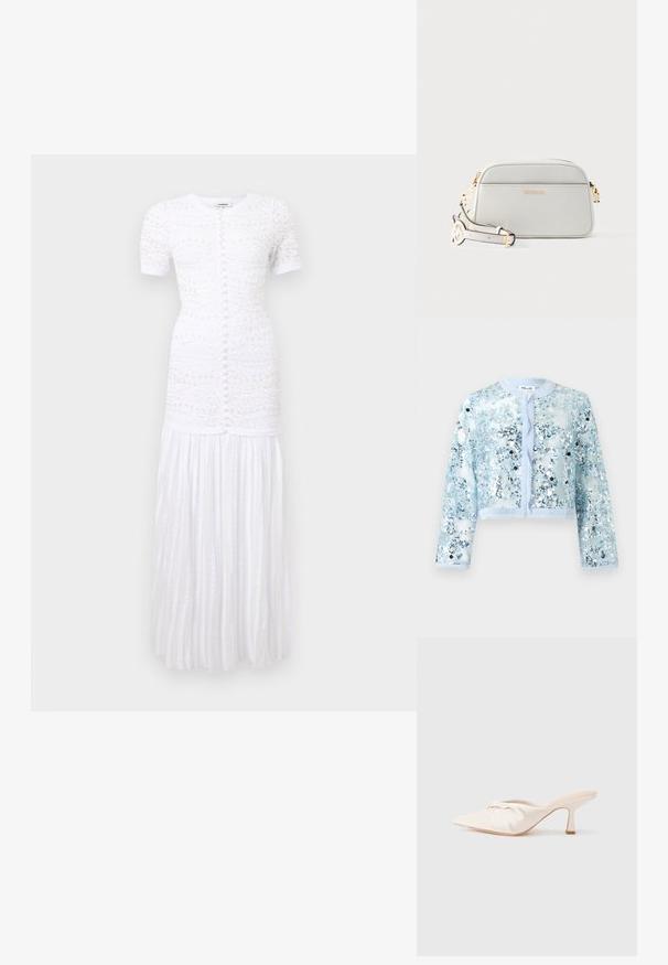 Veste longue transparente bleu clair à manches longues, col rond, ouverte devant et recouverte de sequins argentés et bleus brillants.; Robe maxi blanche à manches courtes avec fermeture à boutons à l'avant, broderie florale texturée sur le corsage, et détails de jupe plissée.; Chaussure mule en tissu beige clair avec un design noué à l'avant, bout pointu et talon fin et effilé. Texture lisse dans l'ensemble.; Sac bandoulière en cuir blanc avec ferrures dorées et sangle réglable, avec un logo de marque discret sur la poche avant.