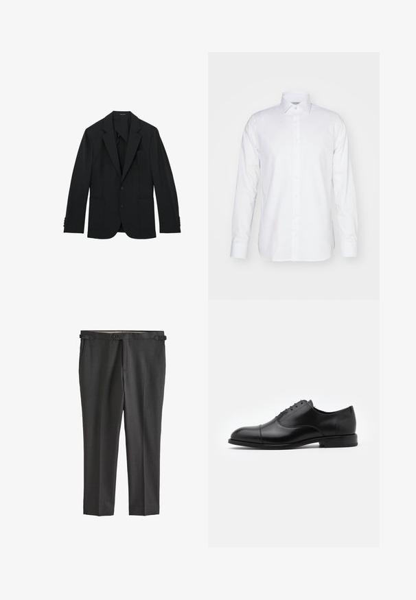 Sort, enkeltknappet herreblazer med hakket revers, to forreste knapper, tre lommer og knapmanchetter, vist fladt.; Langærmet hvid skjorte i bomuld med krave, knaplukning foran og skræddersyet pasform med sideslids ved kanten.; Mørkegrå skræddersyede bukser med en glat tekstur, knaplukning, bæltestropper og sidelommer. Flad frontdesign med skarpe folder.; Sorte læderdress sko med rund tå, snørebåndsdesign og diskrete syninger. Har en lav hæl og glat tekstur.