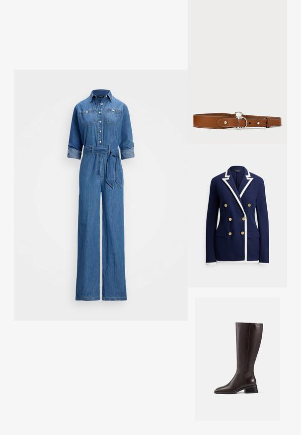 Marineblauer Blazer mit weißer Paspelierung, doppelseitigen goldenen Knöpfen, Notch-Revers, Brusttasche und zwei vorderen Klappentaschen.; Denim-Overall in Mittelblau, mit einer Knopfleiste vorne, zwei Brusttaschen, hochgekrempelten Ärmeln, tailliertem Gürtel und weitem Bein-Silhouette.; Knöchelhohe, braune Lederstiefel mit glatter Oberfläche, abgerundeter Spitze und gestapeltem schwarzen Absatz. Schlichtes Design mit minimalen Hardware-Details.; Brauner Ledergürtel mit glatter Textur, weißer Naht, einem runden silbernen Schnallenverschluss und einem schlichten Design mit Gürtellöchern.