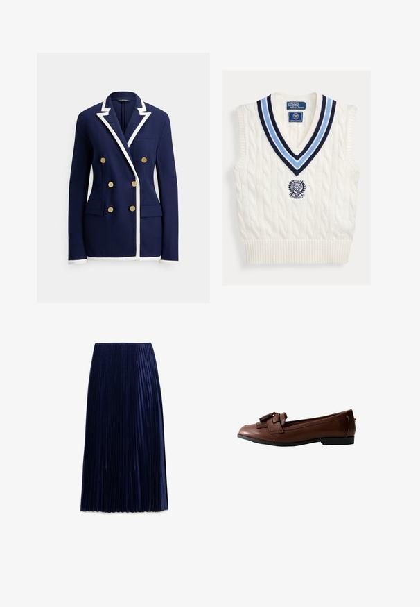 Marineblauwe blazer met witte biezen, dubbelgeknoopte gouden knopen, reverskraag, borstzak en twee klepzakken aan de voorkant.; Wit kabelgebreid mouwloos trui-vest met blauw gestreepte V-hals en Polo Ralph Lauren Wimbledon-logo op de borst.; Navy geplooide midi-jurk gemaakt van lichte stof met een zachte textuur, voorzien van gelijkmatig verdeelde verticale plooien en een elastische tailleband.; Bruine leren loafer met een platte zool, gedetailleerd met een strik en kwastaccent aan de voorkant, met een gladde textuur en een slank ontwerp.