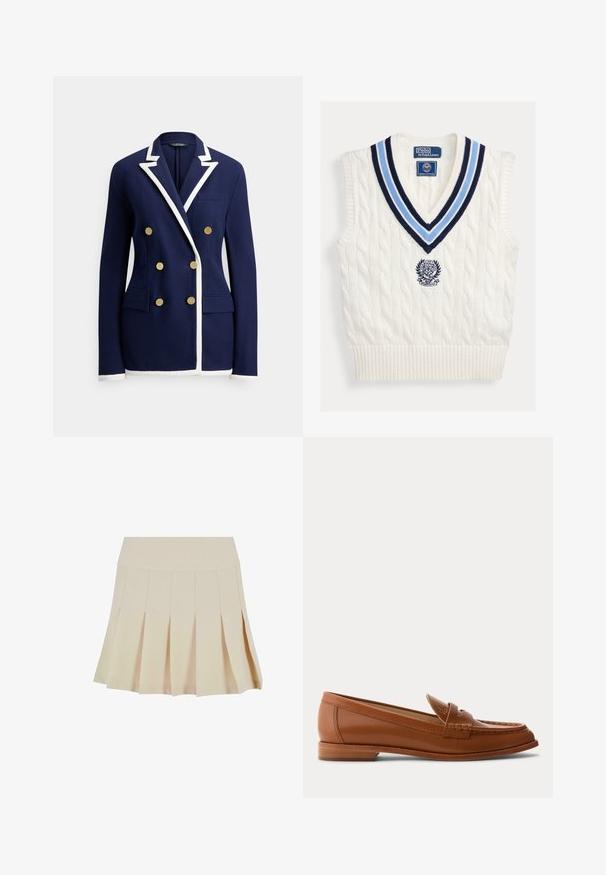 Marineblauer Blazer mit weißer Paspelierung, doppelseitigen goldenen Knöpfen, Notch-Revers, Brusttasche und zwei vorderen Klappentaschen.; Weißes ärmelloses Strickwest mit Kabelmuster, blau gestreifter V-Ausschnitt und Polo Ralph Lauren Wimbledon-Logo auf der Brust.; Beige Faltenrock mit einem taillierten Bund, aus einem glatten Stoff gefertigt. Verfügt über mehrere vertikale Falten und einen geraden Saum.; Brauner Lederloafer mit niedrigem Holzabsatz, klassischem Pennyriemen und genähten Details entlang der Zehen- und Seitenpartien.