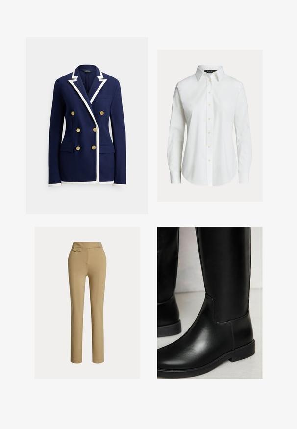 Marineblå blazer med hvid kant, dobbeltradede guldknapper, haklapel, brystlomme og to forlommer med klap.; Hvid skjorte med lange ærmer, knapper foran, spids krave og let buet kant.; Beige skræddersyede bukser med en glat tekstur, høj talje, to dekorative knapper og en enkelt baglomme. Lige ben-design.; Sorte læder knæhæle støvler med en glat overflade, rund tå, minimal syning og en lav blokhæl. Har et slankt, tætsiddende design.
