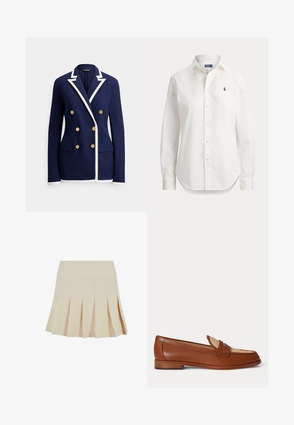 Marineblauer Blazer mit weißer Paspelierung, doppelseitigen goldenen Knöpfen, Notch-Revers, Brusttasche und zwei vorderen Klappentaschen.; Weißes langärmliges Hemd mit Knöpfen, Kragen und kleinem blauem Logo eines Polospielers auf der linken Brust.; Beige Faltenrock mit einem taillierten Bund, aus einem glatten Stoff gefertigt. Verfügt über mehrere vertikale Falten und einen geraden Saum.; Brauner Leder-Slipper mit gewebtem beigem Einsatz oben, niedrigem Holzabsatz und traditionellem Penny-Riemen-Design vor weißem Hintergrund.