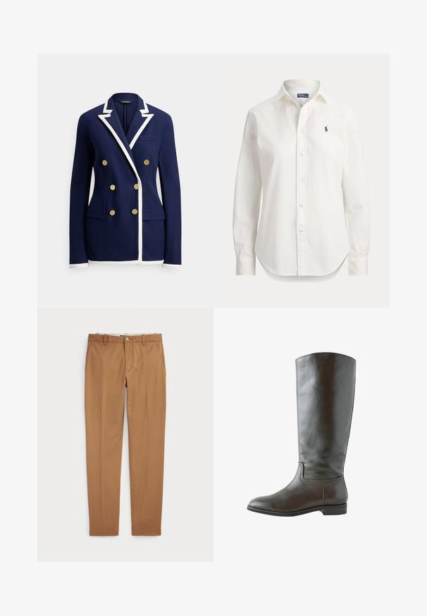 Blazer azul marino con ribete blanco, botones dorados dobles, solapa con muesca, bolsillo en el pecho y dos bolsillos frontales con solapa.; Camisa blanca de manga larga con botones, cuello y pequeño logo azul de jugador de polo en el pecho izquierdo.; Pantalones de algodón marrón con un diseño ajustado, parte delantera plana y bolsillos estándar; textura suave y puños dobladillos.; Bota alta de cuero marrón con tacón bajo, punta redondeada y costuras sencillas a lo largo del tobillo y los bordes de la suela.