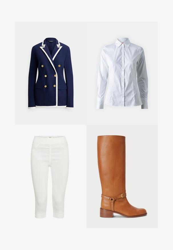Marineblå blazer med hvid kant, dobbeltradede guldknapper, haklapel, brystlomme og to forlommer med klap.; Hvid skjorte med lange ærmer, spidse krave, tætsiddende design, glat bomuldsstof og frontlukning med knapper.; Hvide capri-bukser lavet af et strækbart stof, med en glat tekstur, to forlommer og en behagelig elastisk talje.; Høje brune læderstøvler med en glat overflade, udstyret med en sidelukning og en stablet hæl. Overdelen har et rent, udekoreret design.
