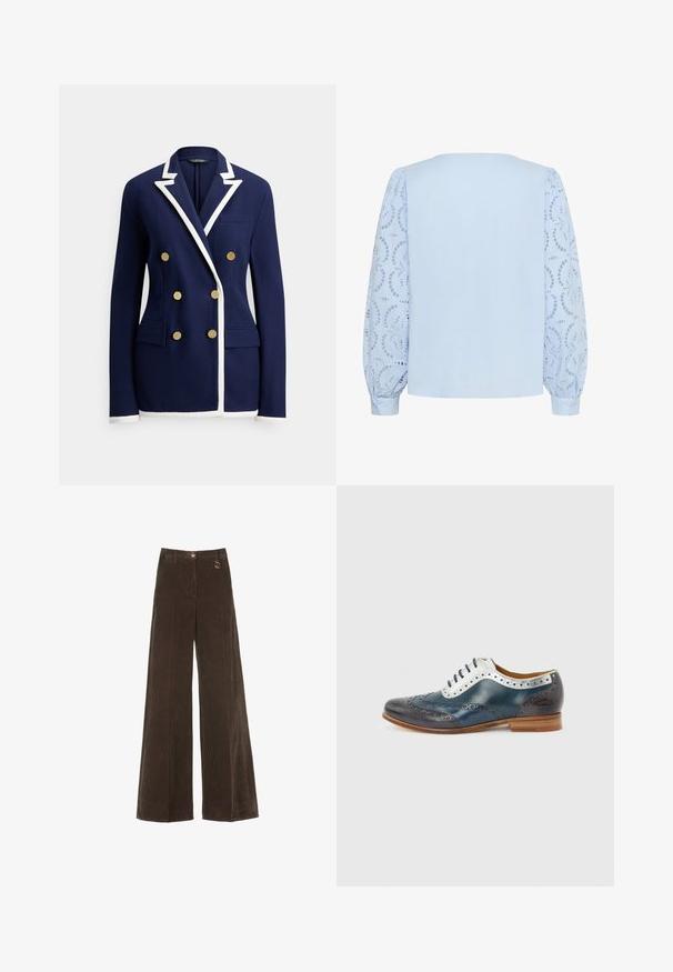 Marineblå blazer med hvid kant, dobbeltradede guldknapper, haklapel, brystlomme og to forlommer med klap.; Lyseblå bluse med solid bagpanel og lange, puffede blondeærmer med cirkulære blomsterudskæringsmønstre og knapmanchetter.; Brune, vide corduroy bukser med høj talje, der har en gylden knap og en dekorativ ringdetalje. Textureret, blødt stof med lodrette striber.; Herres lædersko i brogue-stil i marineblå, hvid og mørkegrå med dekorative perforeringer og lysebrun sål, vist fra siden.