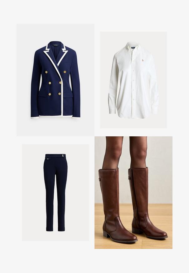 Blazer bleu marine avec bordure blanche, boutons dorés double boutonnage, revers cranté, poche poitrine et deux poches frontales à rabat.; Chemise blanche à manches longues avec boutons, col boutonné et petit logo brodé de joueur de polo sur la poitrine gauche.; Un pantalon slim-fit bleu marine avec taille haute, présentant des boutons décoratifs et une petite poche rabat sur le côté droit.; Anna Field by Zalando LEATHER - Bottes - brown