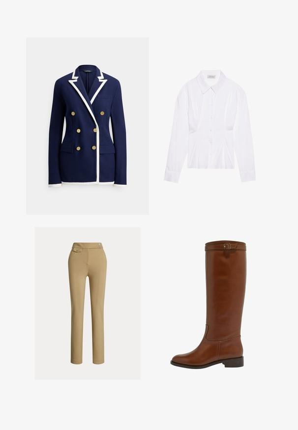 Blazer bleu marine avec bordure blanche, boutons dorés double boutonnage, revers cranté, poche poitrine et deux poches frontales à rabat.; Blouse blanche à manches longues avec un col classique, fermeture à boutons sur le devant et détail froncé sur le côté. Tissu lisse avec une coupe ajustée.; Pantalons slim beige pour femmes avec taille haute, deux boutons sur le côté et une petite poche à rabat boutonnée près de la taille.; Bottines marron en cuir, arrivant juste au genou, avec un bout arrondi, un petit talon, et une sangle décorative avec une boucle en haut. Texture lisse et design épuré.
