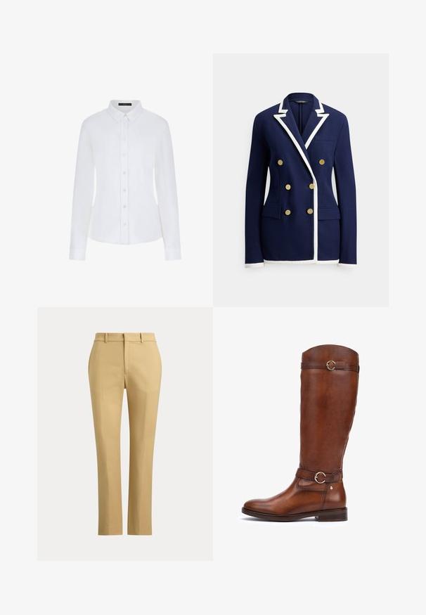 Marineblå blazer med hvid kant, dobbeltradede guldknapper, haklapel, brystlomme og to forlommer med klap.; Hvid langærmet skjorte med krave, knaplukning foran og manchetter. Fremstillet af glat stof med en tætsiddende pasform og uden synlige mønstre.; Beige bukser med lige ben, bæltestropper, forreste presning og en ensfarvet talje mod en ensfarvet baggrund.; Brune læderstøvler til knæene med en glat finish, en rundt tå, et dekorativt bælte med en cirkulær spænde, og en lav stablet hæl.